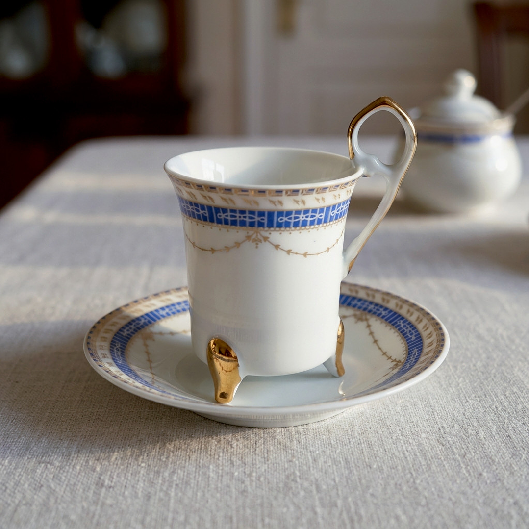 Taza y plato de café de porcelana tipo demitasse · Años 70 9