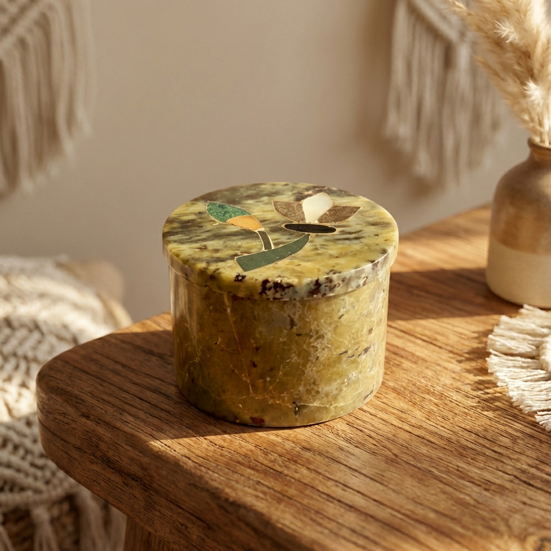 Joyero indio de piedra pulida con incrustación de nácar - años 70 7