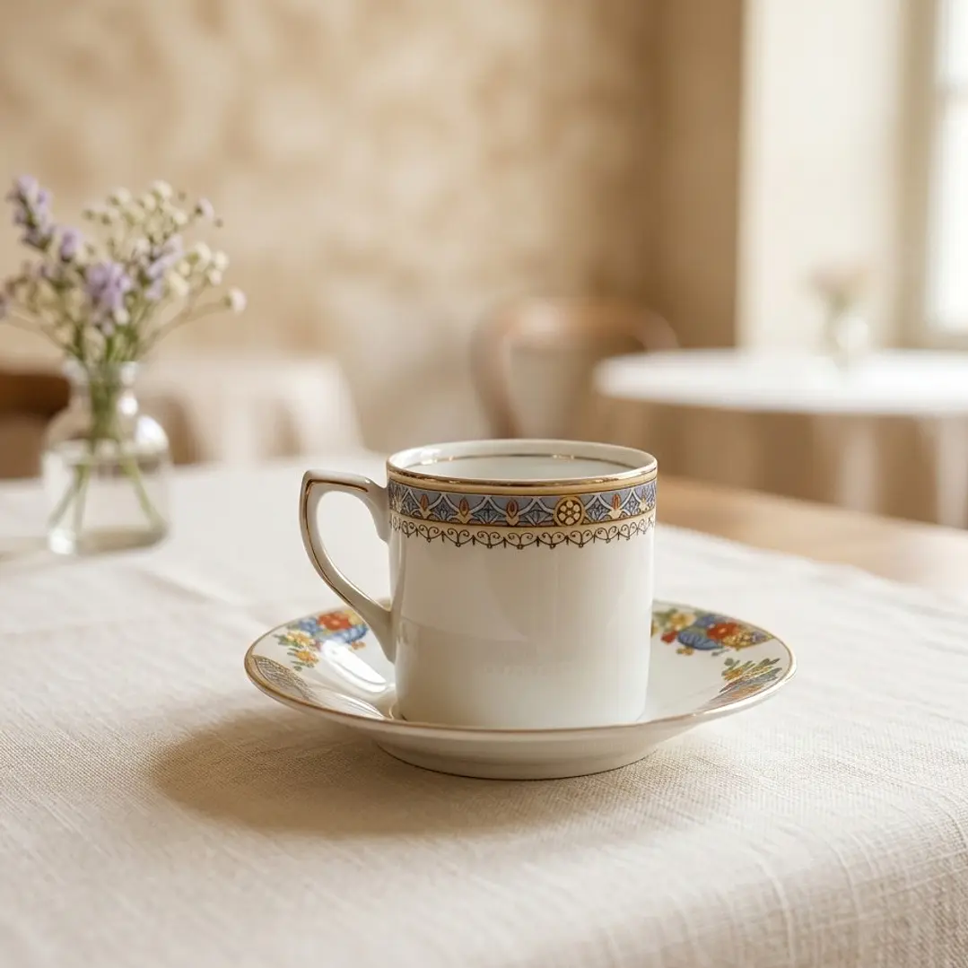 Taza y plato de café ingleses Alfred Meakin – vajilla hotelera histórica (ca. 1920) 10