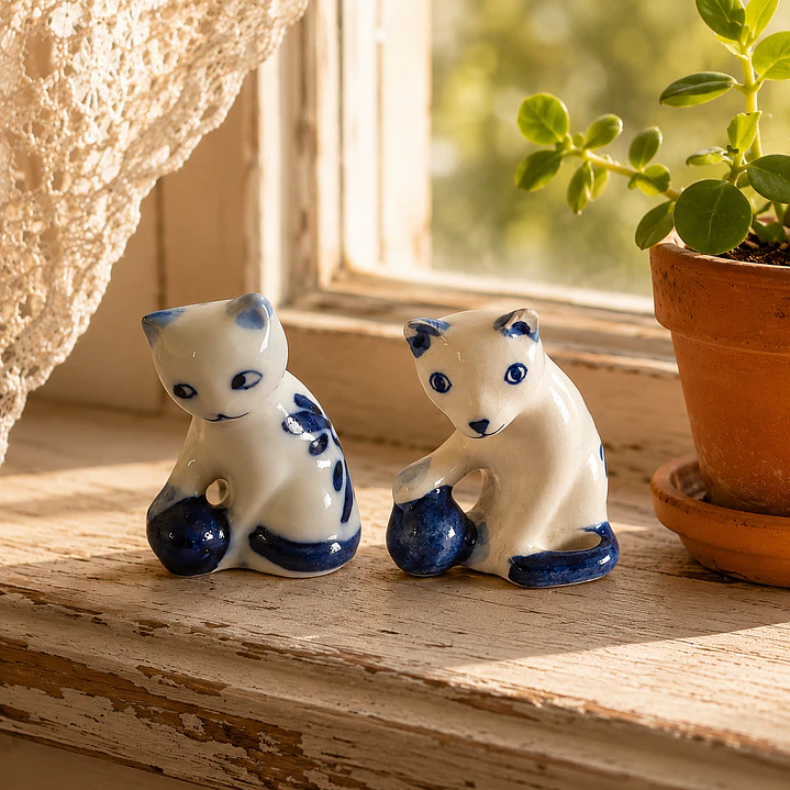 Par de miniaturas de gatitos en porcelana y cerámica enlozada 9