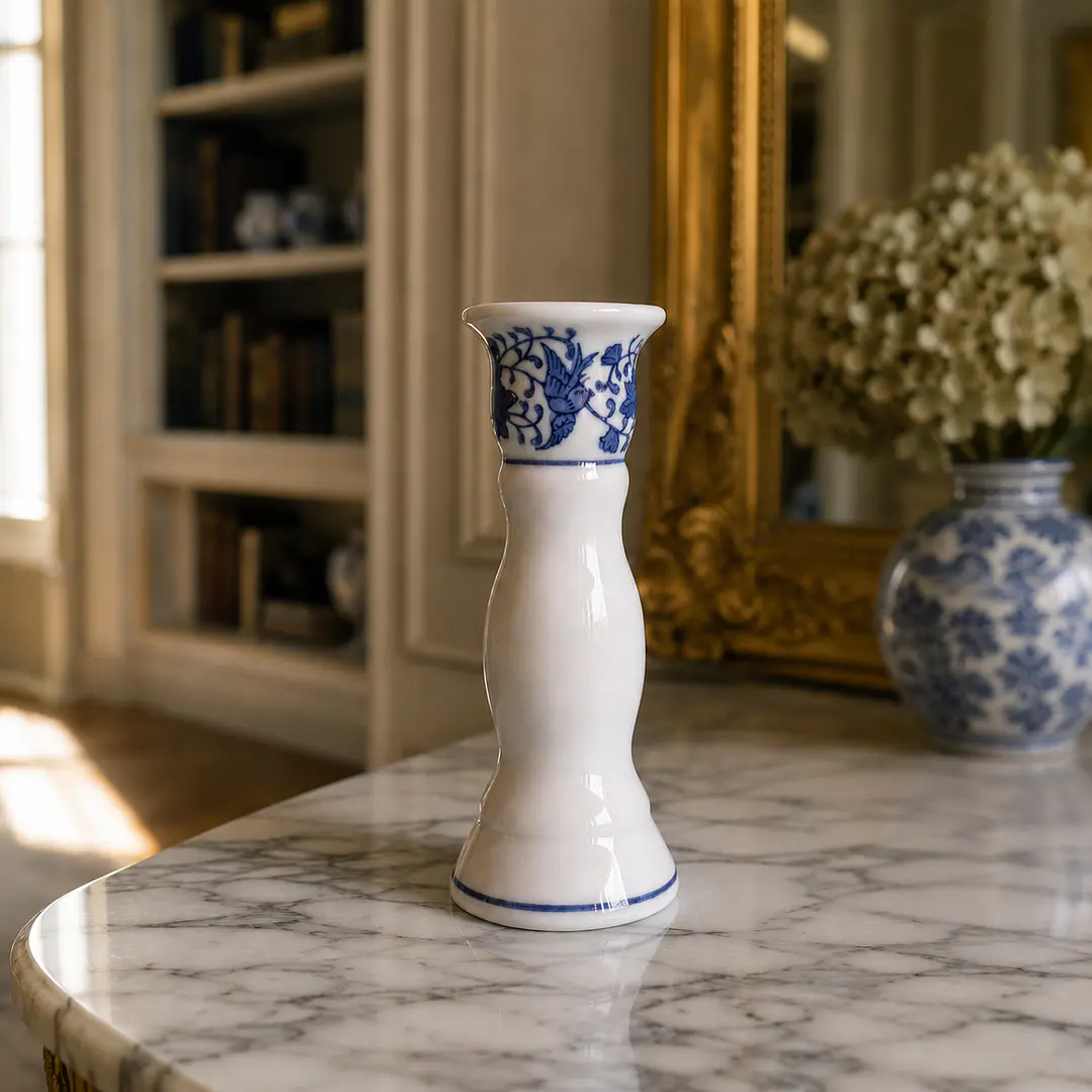 Candelero vintage de porcelana estilo oriental • azul y blanco 8