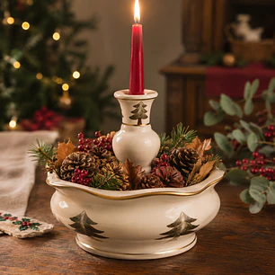 Centro de mesa navideño de porcelana con candelero central