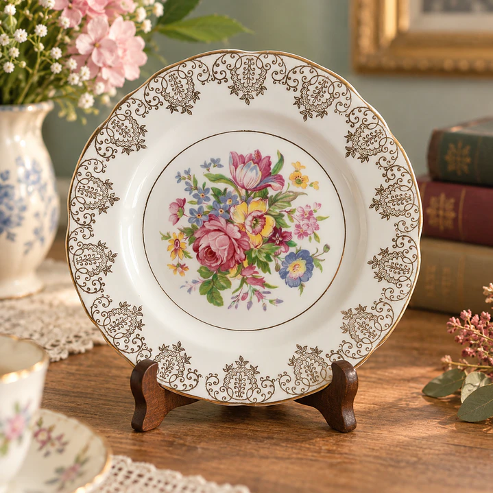Plato inglés de porcelana • decoración floral y dorada 6