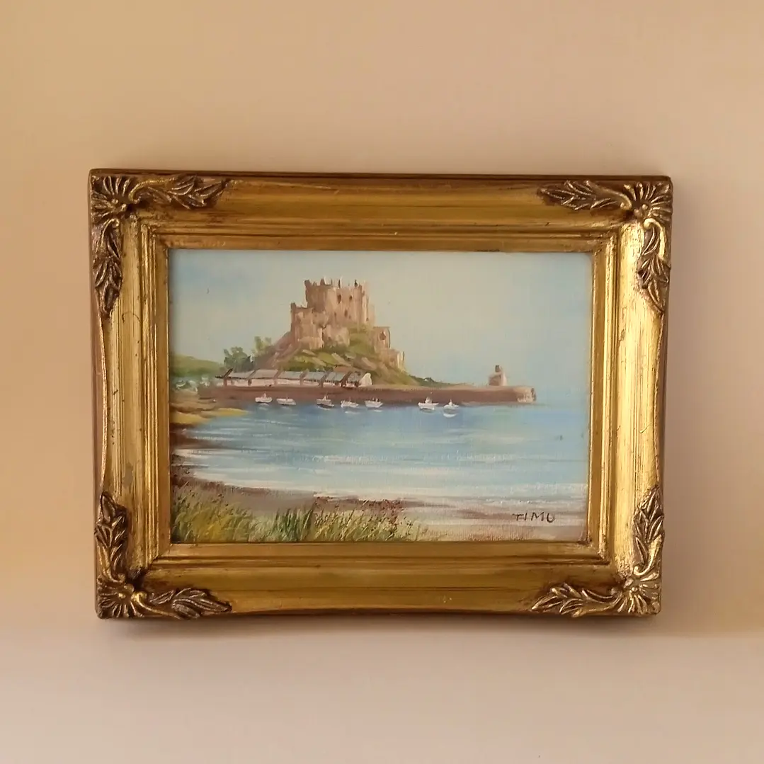 Cuadro al Óleo Vintage del Castillo Mont Orgueil, Isla de Jersey 1