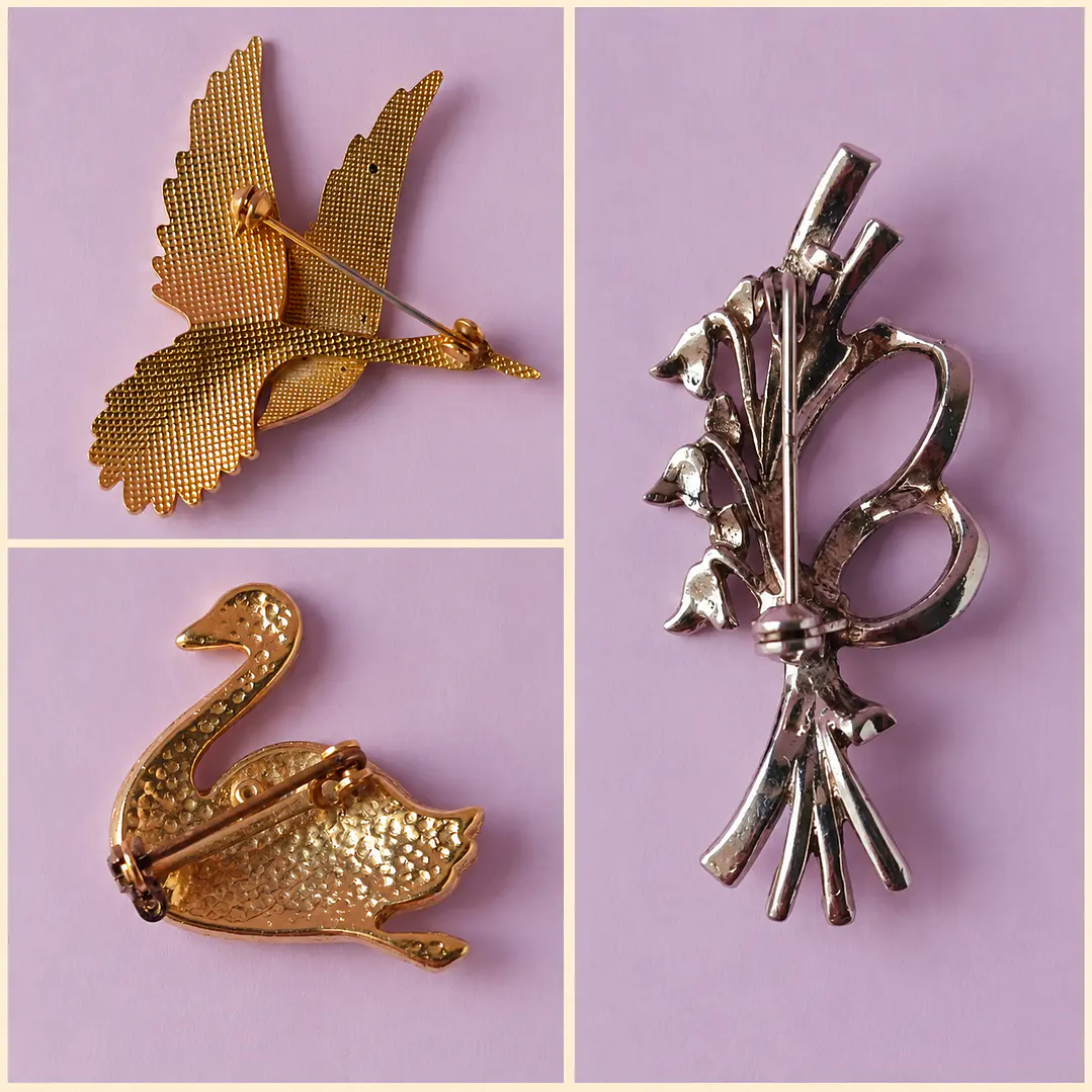 Tres prendedores vintage • Aves y Ramo Floral 6