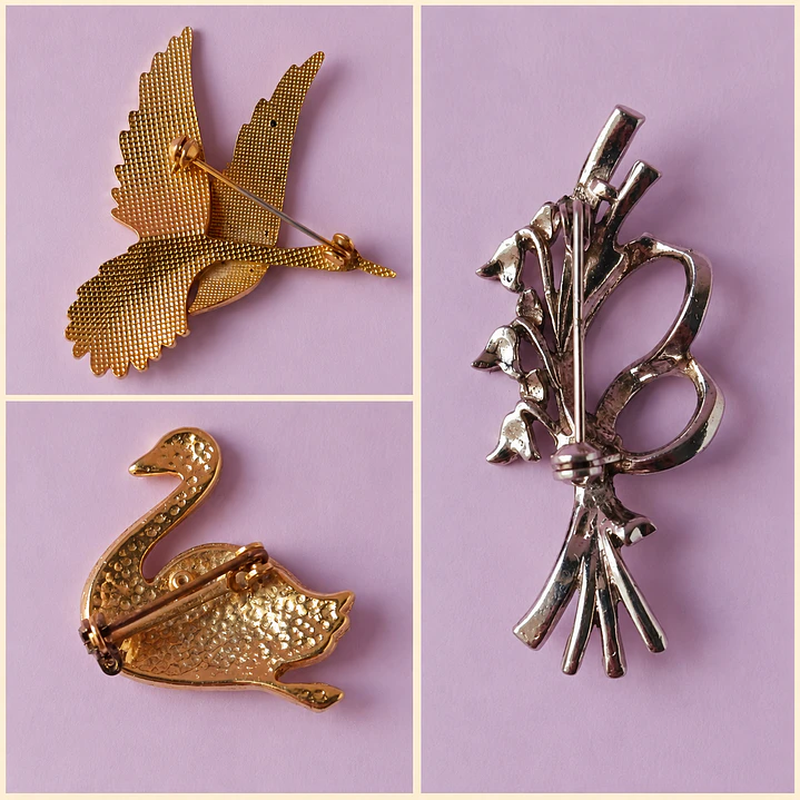 Tres prendedores vintage • Aves y Ramo Floral 6