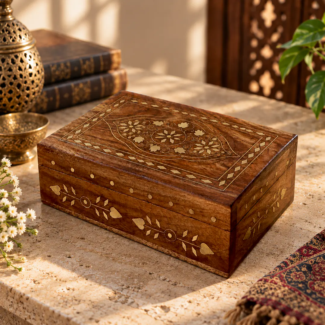 Caja artesanal india de madera con incrustaciones de latón 7