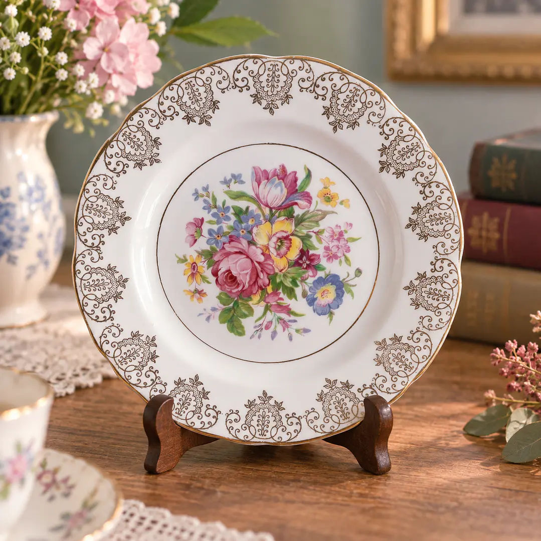 Plato inglés de porcelana • decoración floral y dorada 6