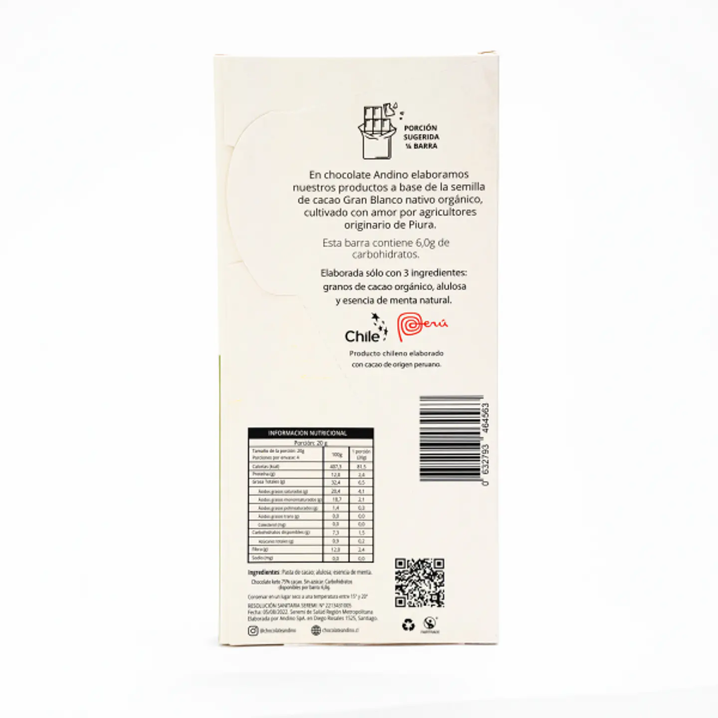 Barra de Chocolate Keto Andino 75% Con Menta Sin Azúcar 80g 2