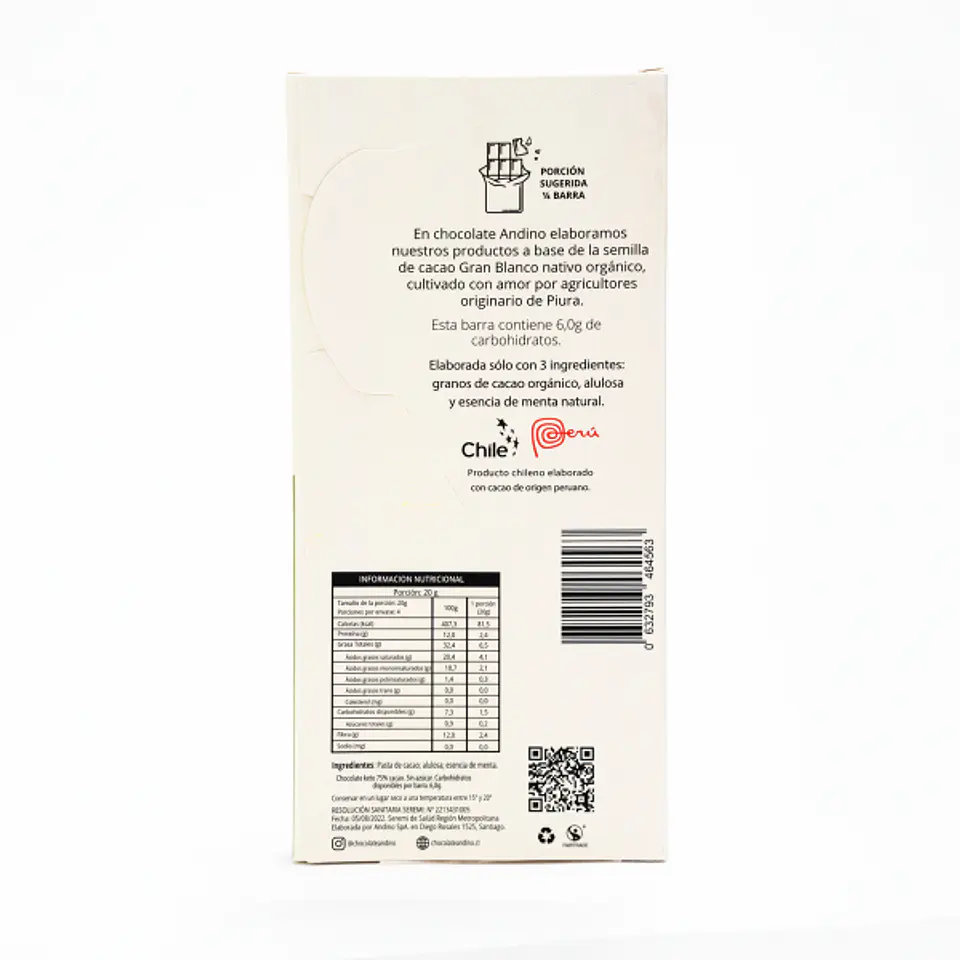 Barra de Chocolate Keto Andino 75% Con Menta Sin Azúcar 80g 2