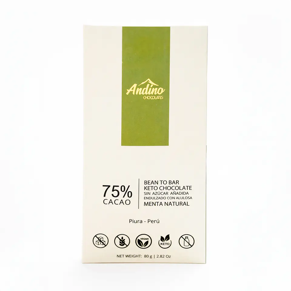 Barra de Chocolate Keto Andino 75% Con Menta Sin Azúcar 80g 1