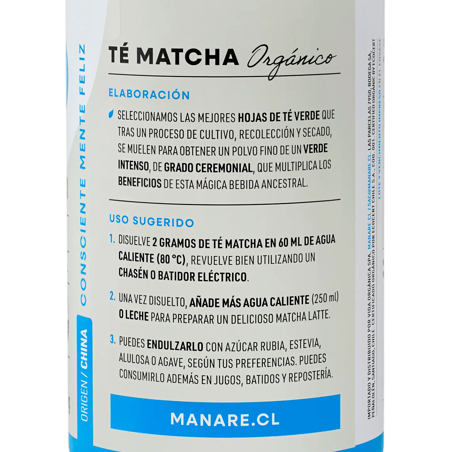 Te Matcha Orgánico en polvo 100g Manare 2