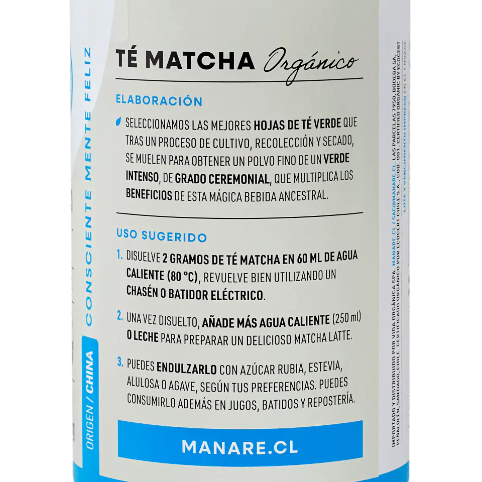 Te Matcha Orgánico en polvo 100g Manare 2