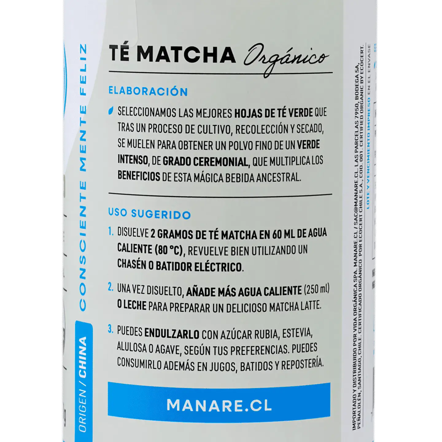 Te Matcha Orgánico en polvo 50g Manare 2