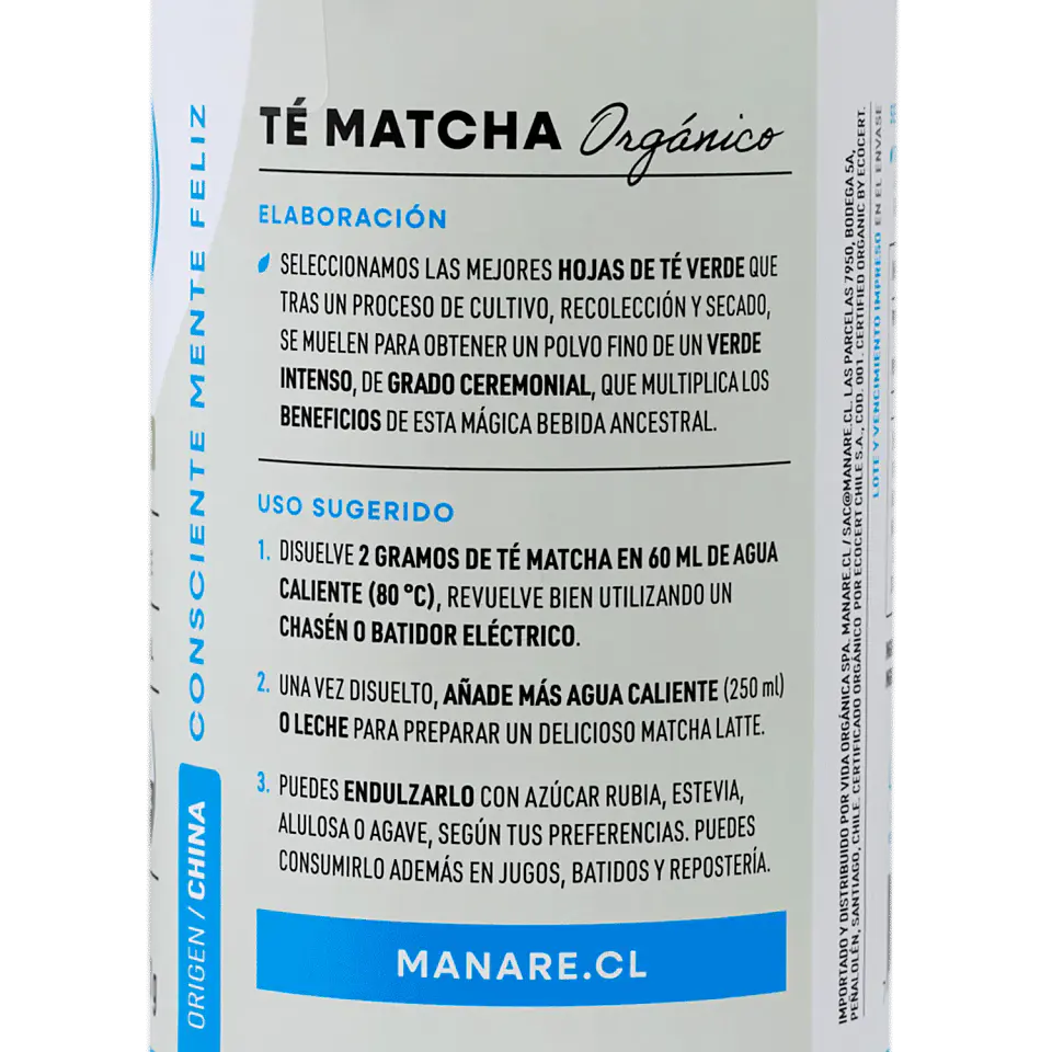 Te Matcha Orgánico en polvo 50g Manare 2