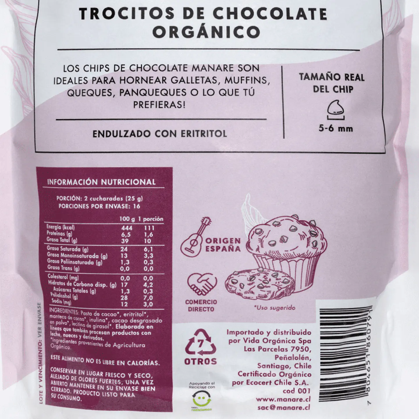 Chips sin azúcar 62% Cacao Orgánico 400g Manare 2