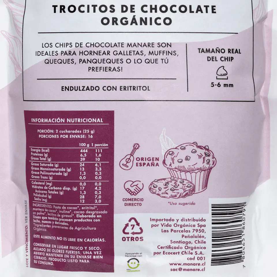 Chips sin azúcar 62% Cacao Orgánico 400g Manare 2