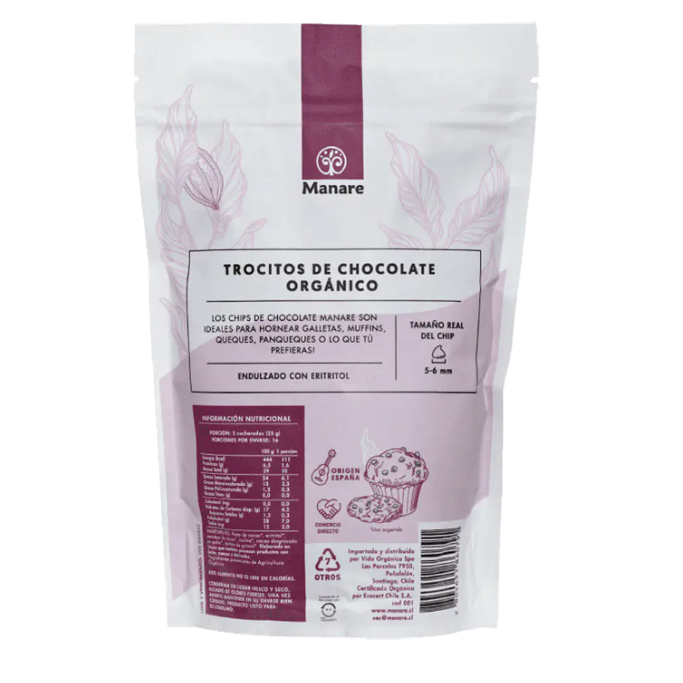 Chips sin azúcar 62% Cacao Orgánico 400g Manare 3