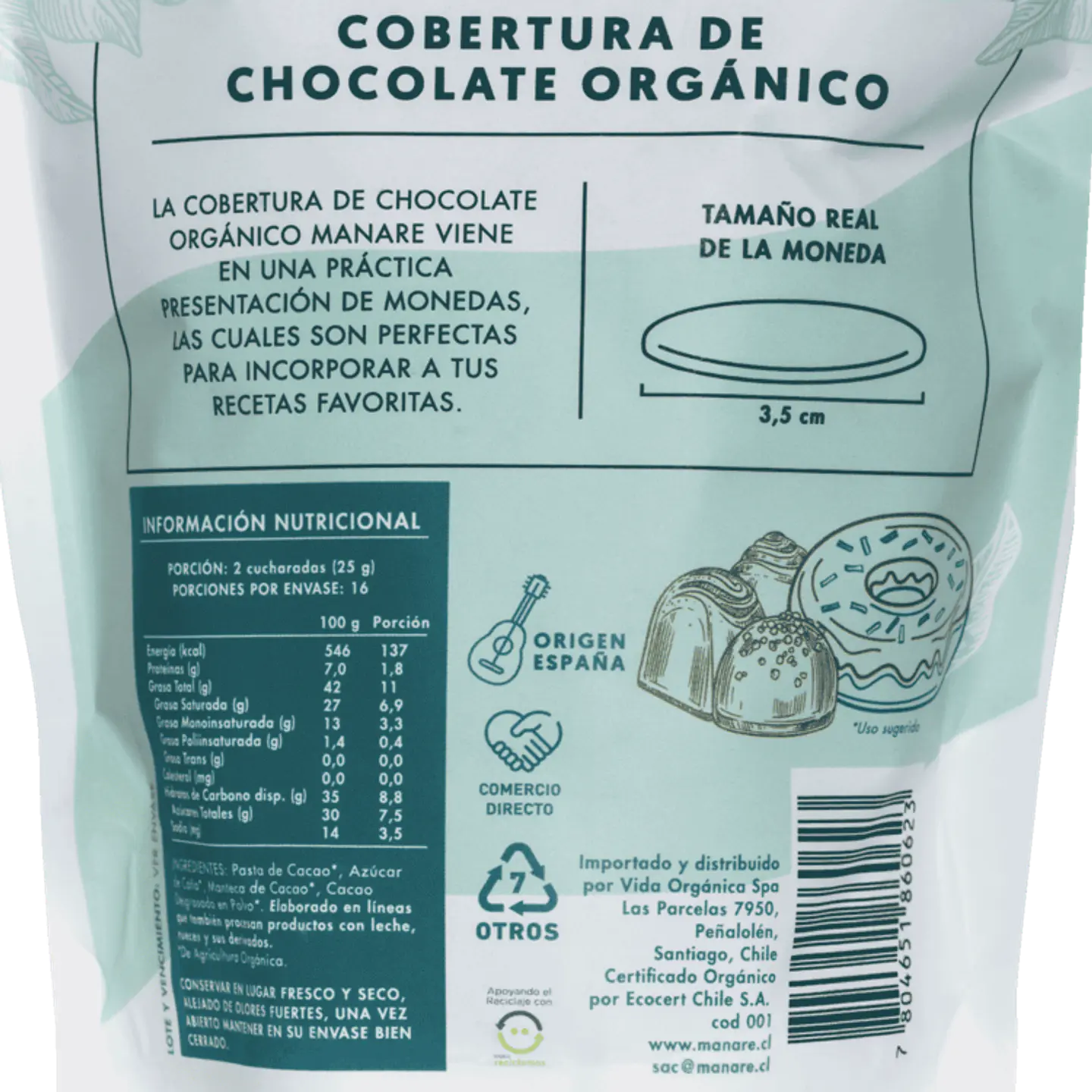 Cobertura 70% Cacao Orgánico 400g Manare 3