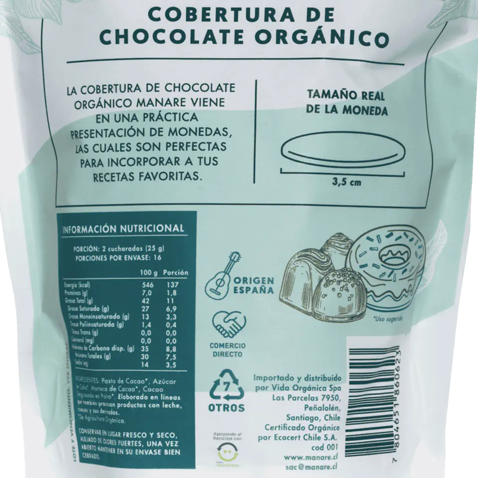 Cobertura 70% Cacao Orgánico 400g Manare 3
