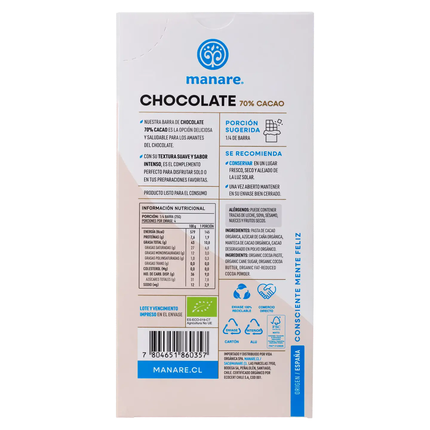 Chocolate 70% Cacao Orgánico 100g Manare 2