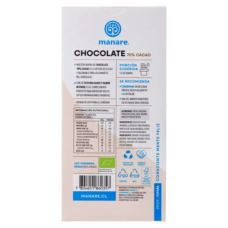 Chocolate 70% Cacao Orgánico 100g Manare 2