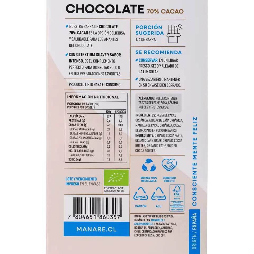 Chocolate 70% Cacao Orgánico 100g Manare 3