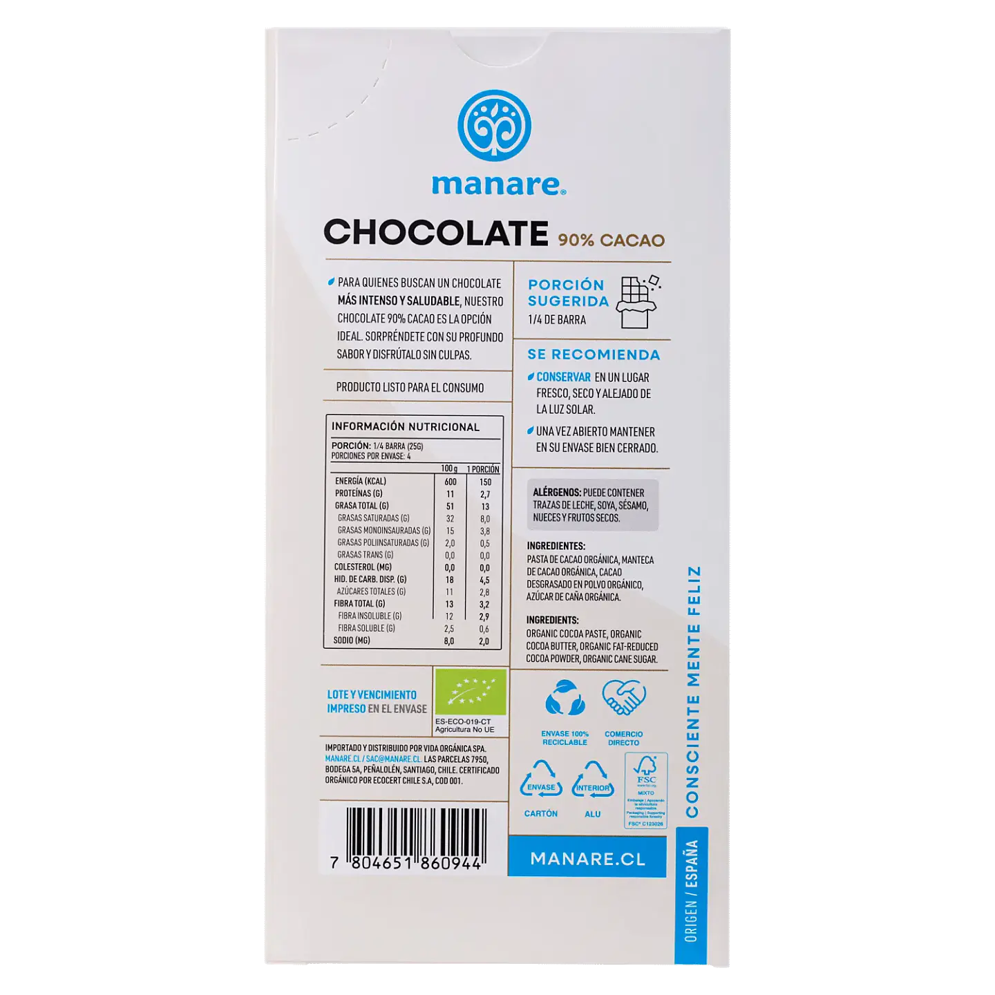 Chocolate 90% Cacao Orgánico 100g Manare 2