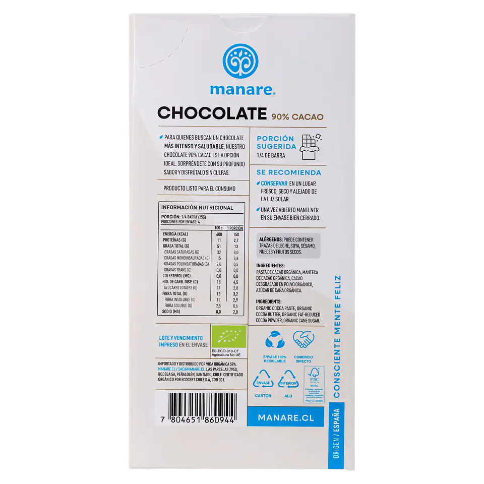 Chocolate 90% Cacao Orgánico 100g Manare 2