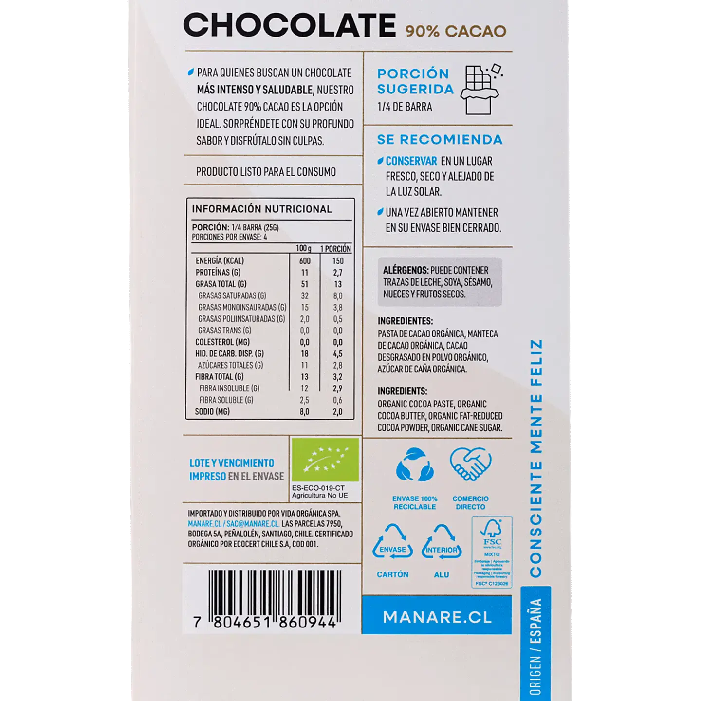 Chocolate 90% Cacao Orgánico 100g Manare 3