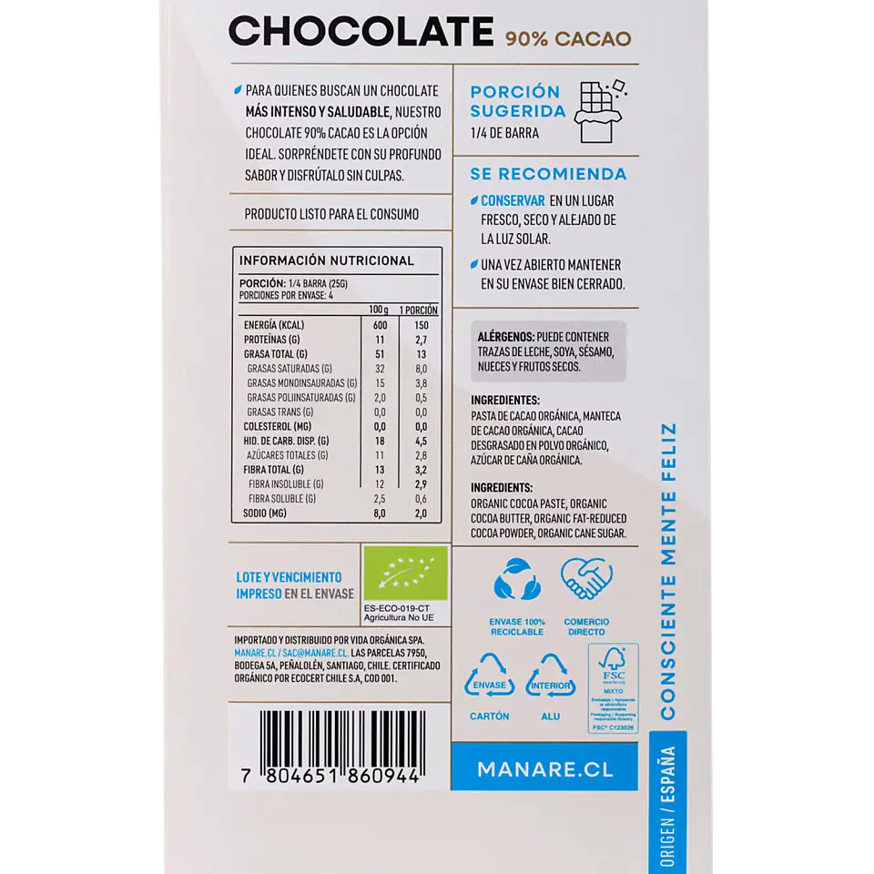 Chocolate 90% Cacao Orgánico 100g Manare 3