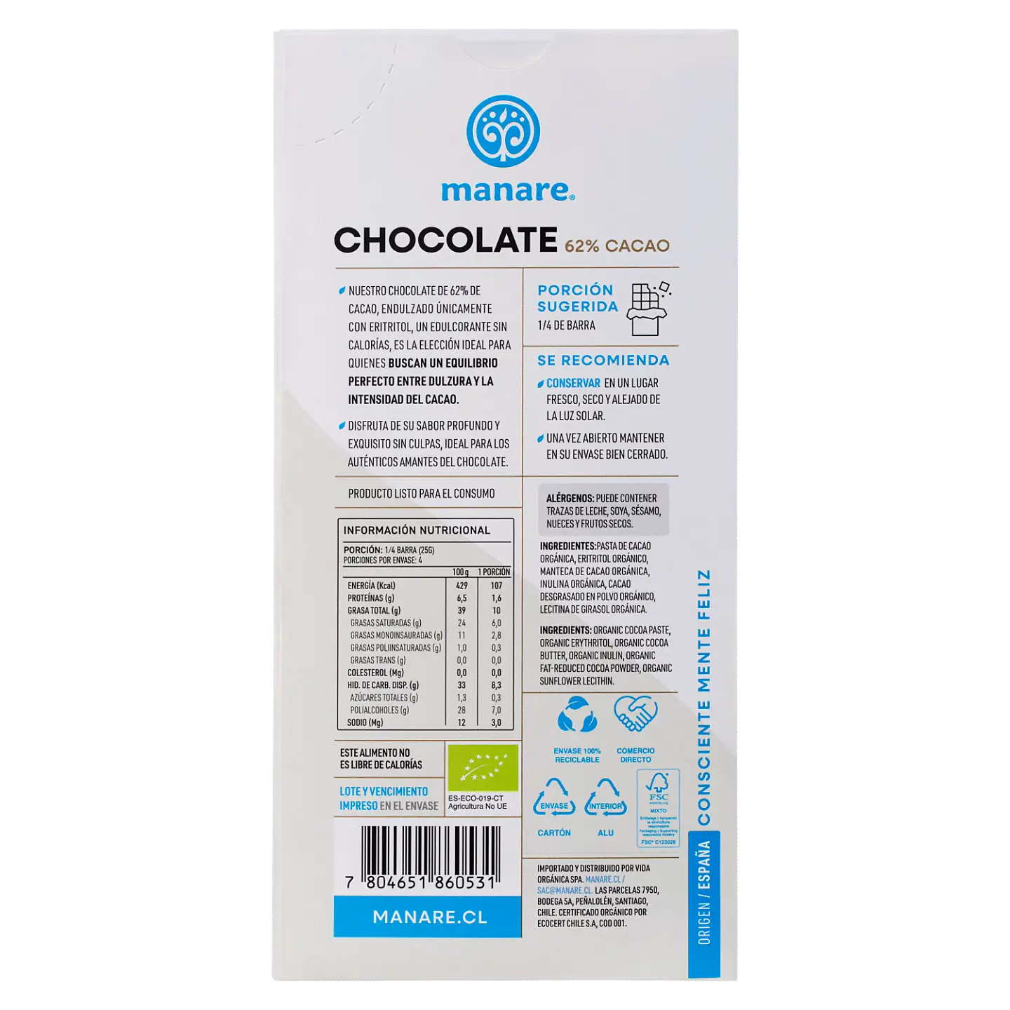 Chocolate sin azúcar 62% Cacao Orgánico 100g Manare 2