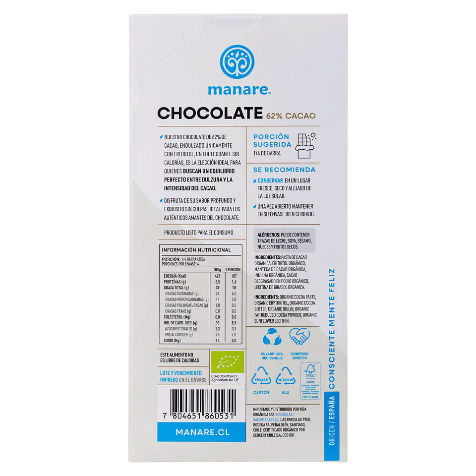 Chocolate sin azúcar 62% Cacao Orgánico 100g Manare 2