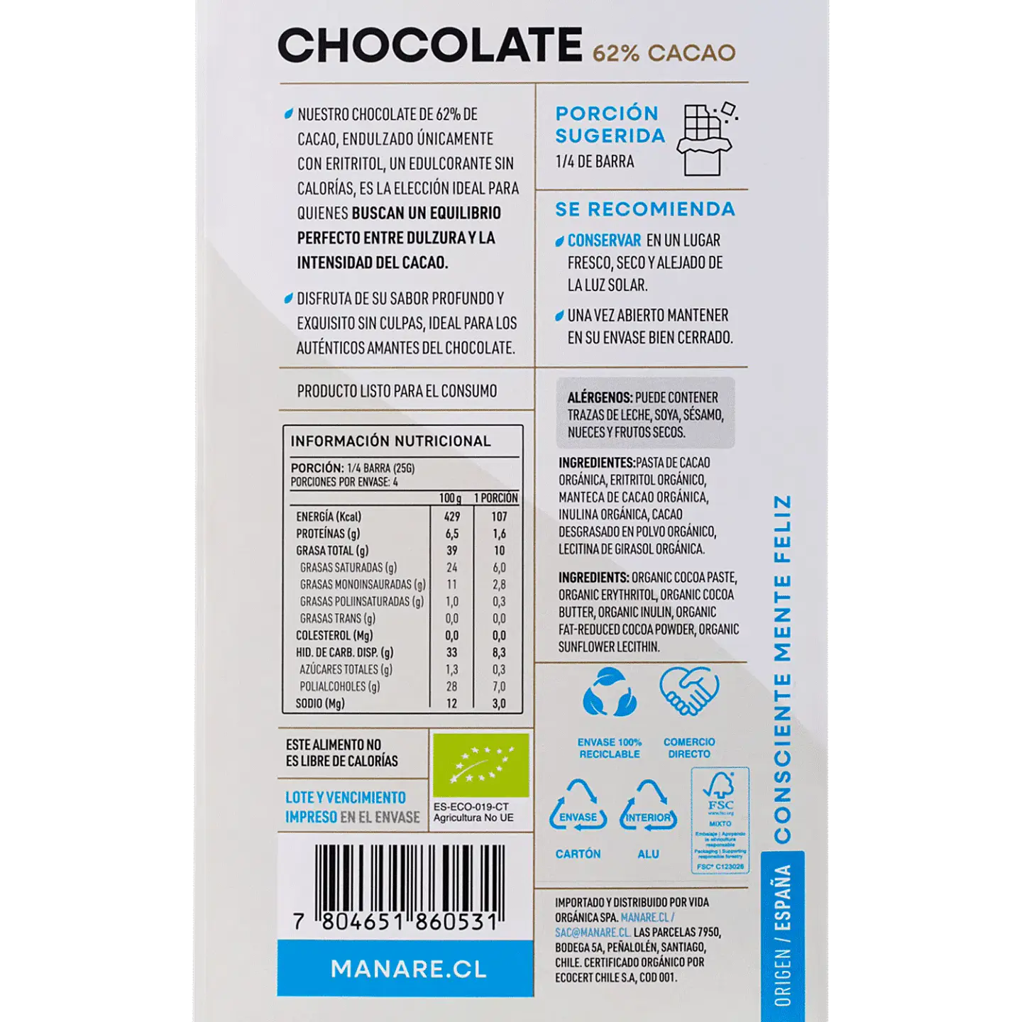 Chocolate sin azúcar 62% Cacao Orgánico 100g Manare 3