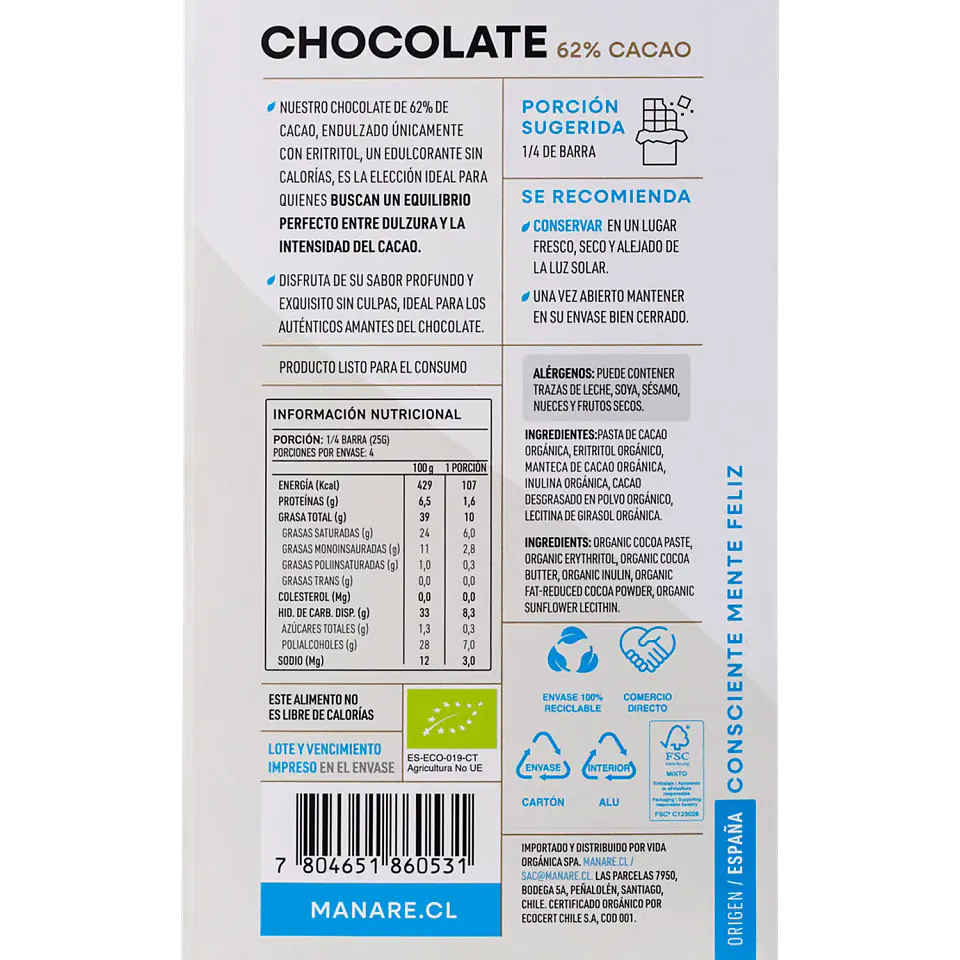 Chocolate sin azúcar 62% Cacao Orgánico 100g Manare 3