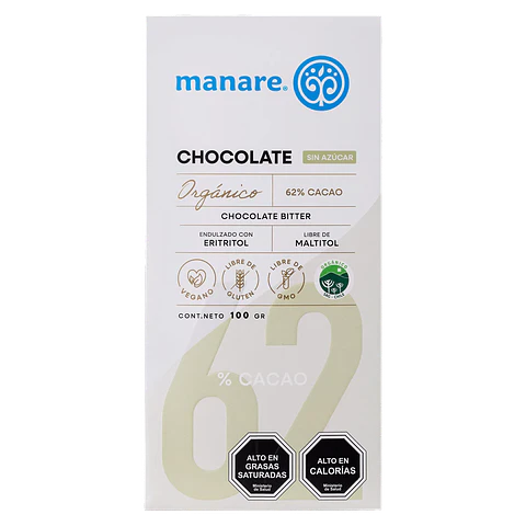 Chocolate sin azúcar 62% Cacao Orgánico 100g Manare