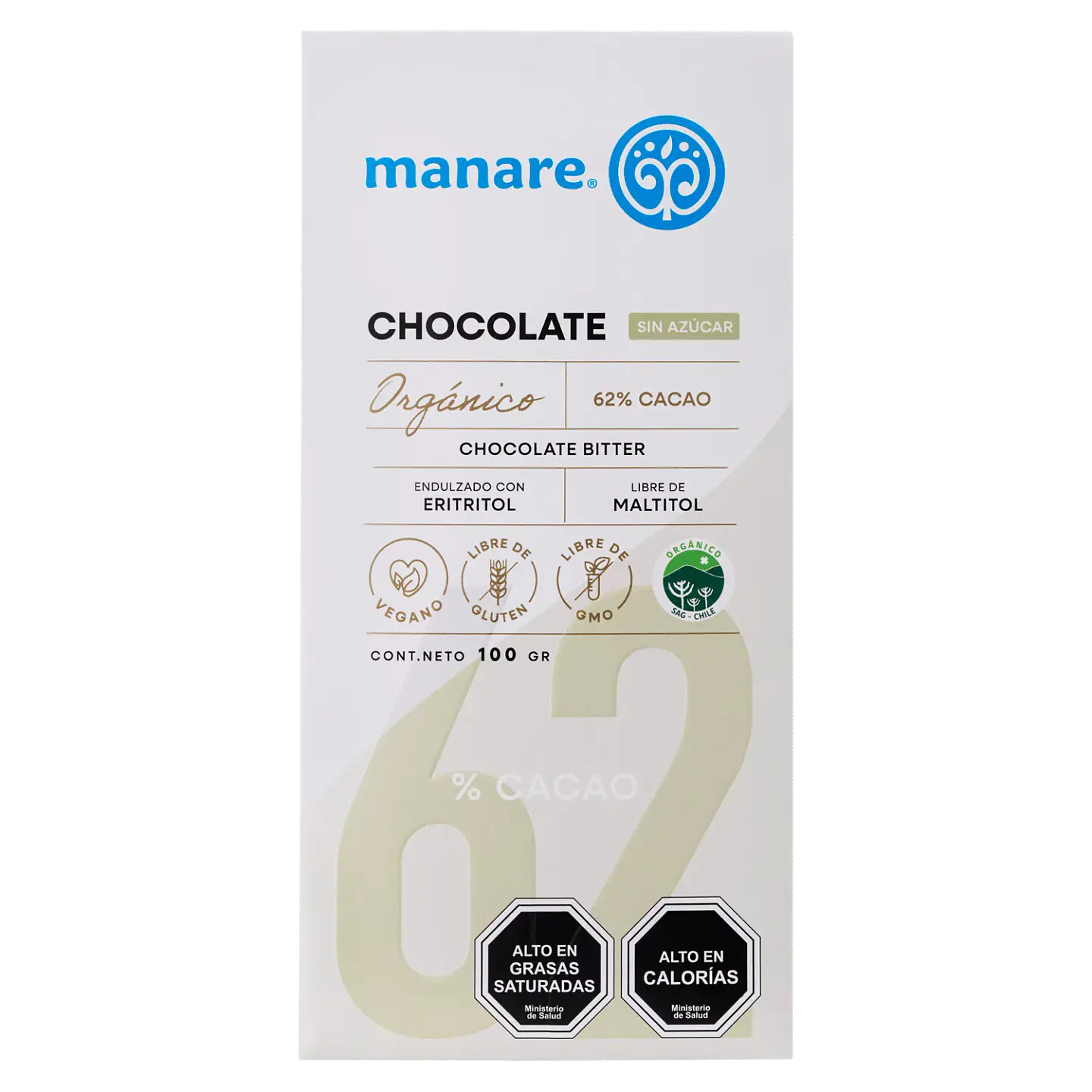 Chocolate sin azúcar 62% Cacao Orgánico 100g Manare 1