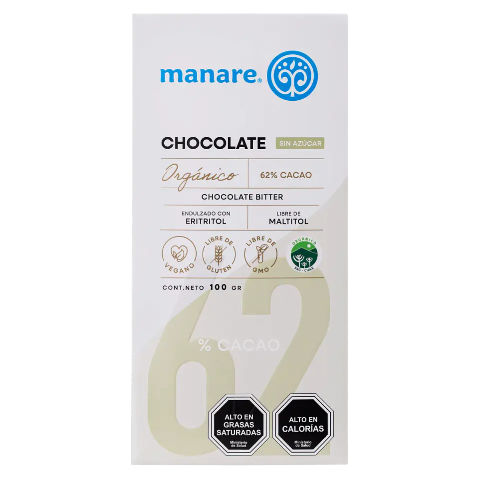 Chocolate sin azúcar 62% Cacao Orgánico 100g Manare 1