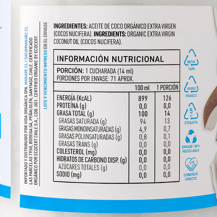 Aceite de Coco Orgánico 1 lt Manare 2