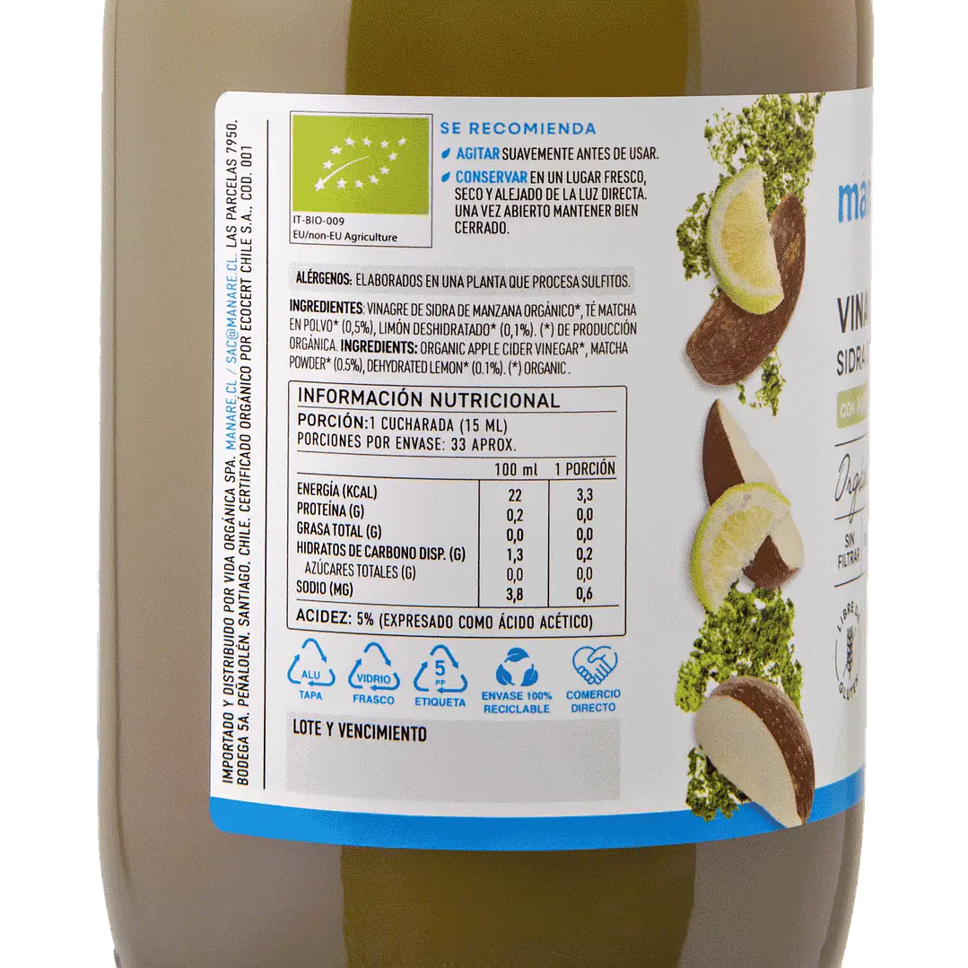 Vinagre Matcha y Limón Orgánico Manare 500ml 2