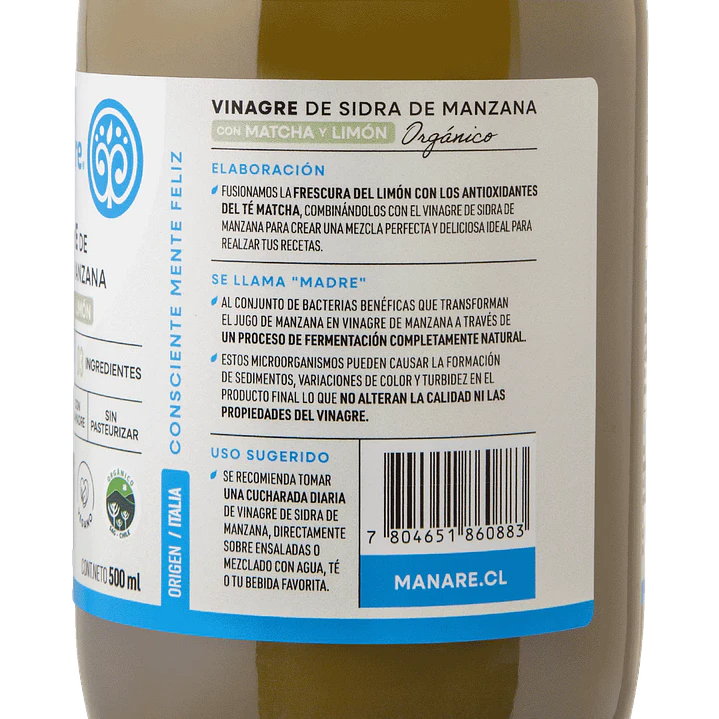 Vinagre Matcha y Limón Orgánico Manare 500ml 3
