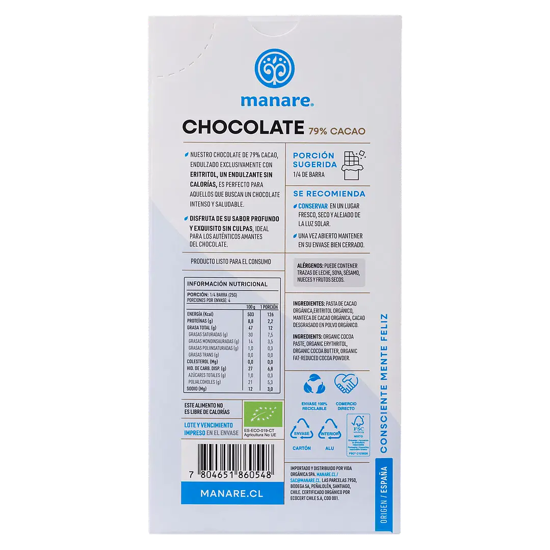 Chocolate sin azúcar 79% Cacao Orgánico 100g Manare 2