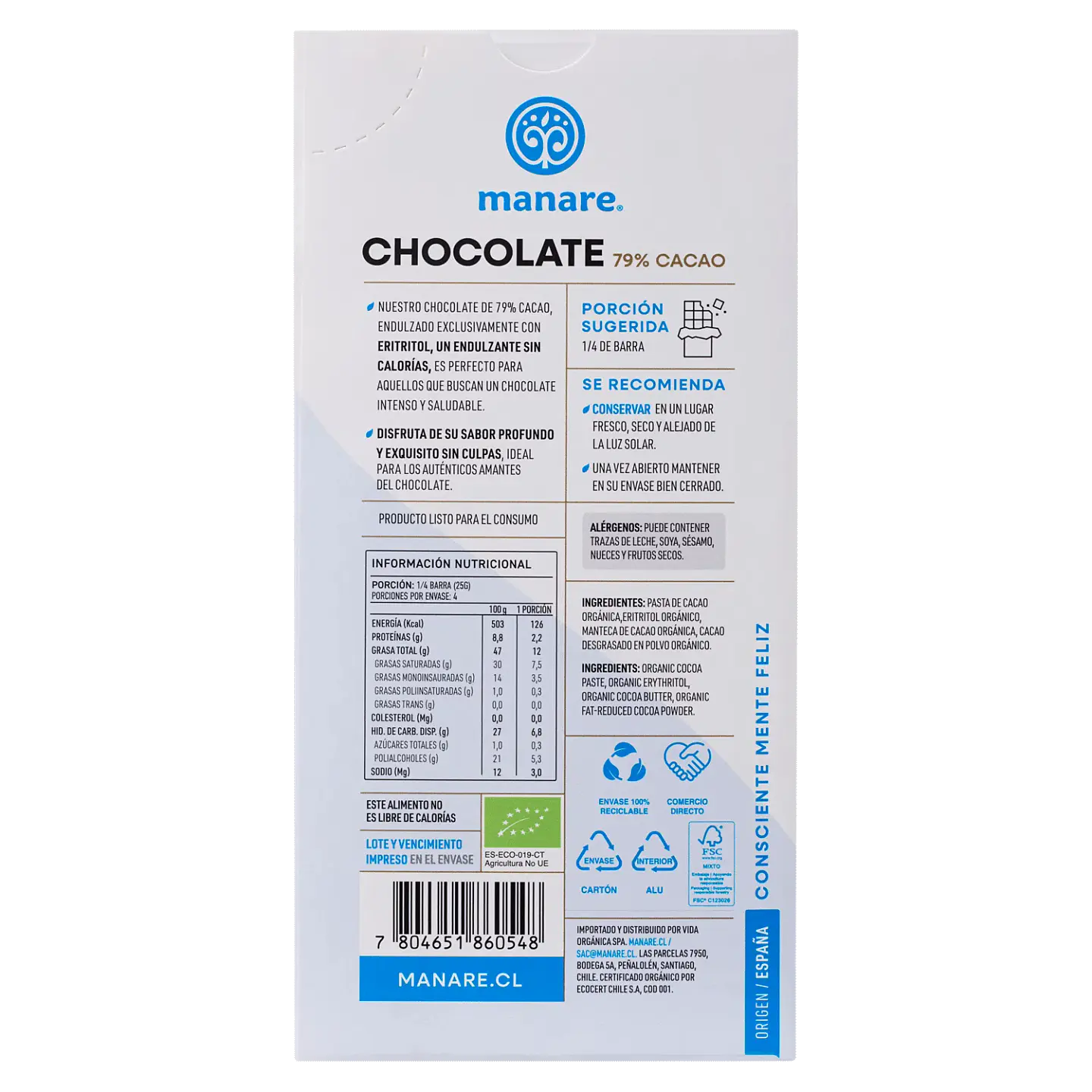 Chocolate sin azúcar 79% Cacao Orgánico 100g Manare 2