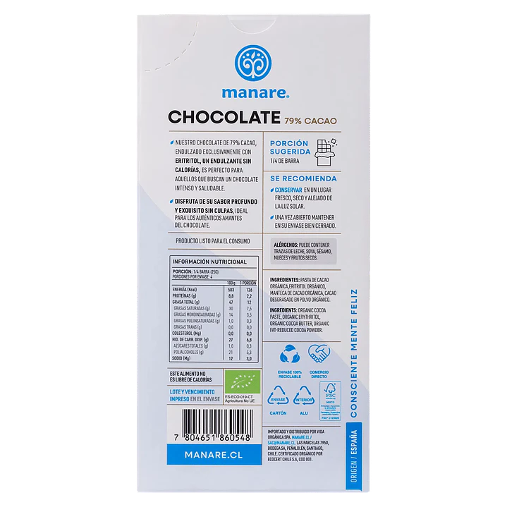 Chocolate sin azúcar 79% Cacao Orgánico 100g Manare 2