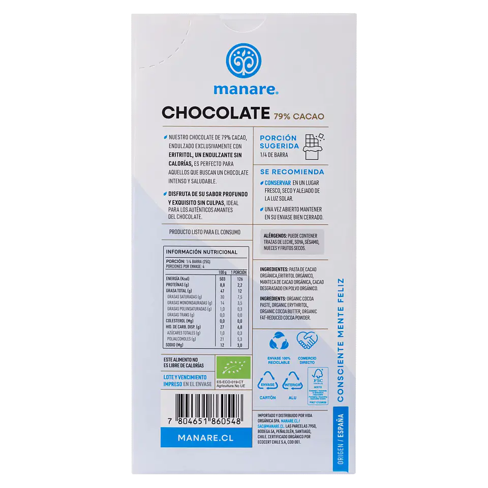 Chocolate sin azúcar 79% Cacao Orgánico 100g Manare 2