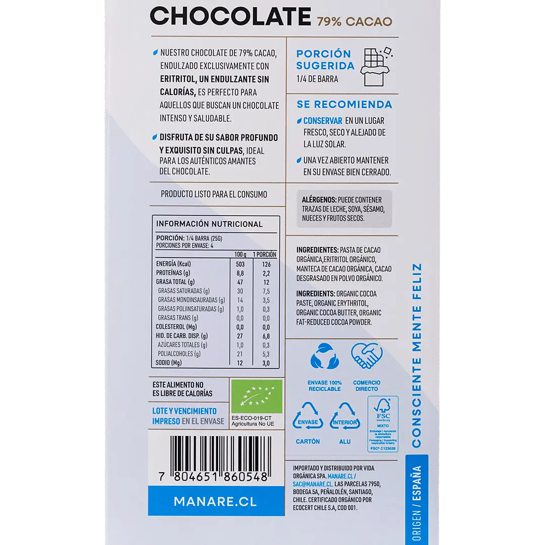 Chocolate sin azúcar 79% Cacao Orgánico 100g Manare 3