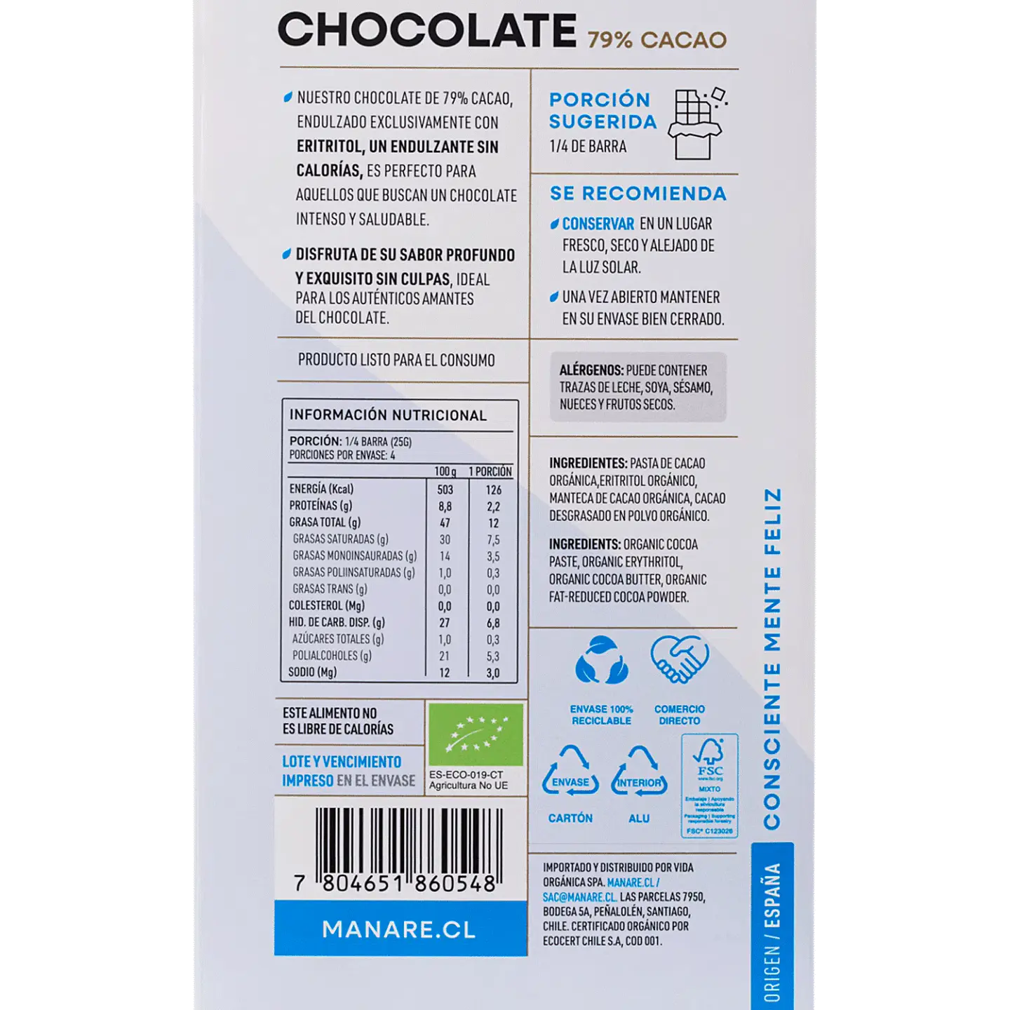 Chocolate sin azúcar 79% Cacao Orgánico 100g Manare 3