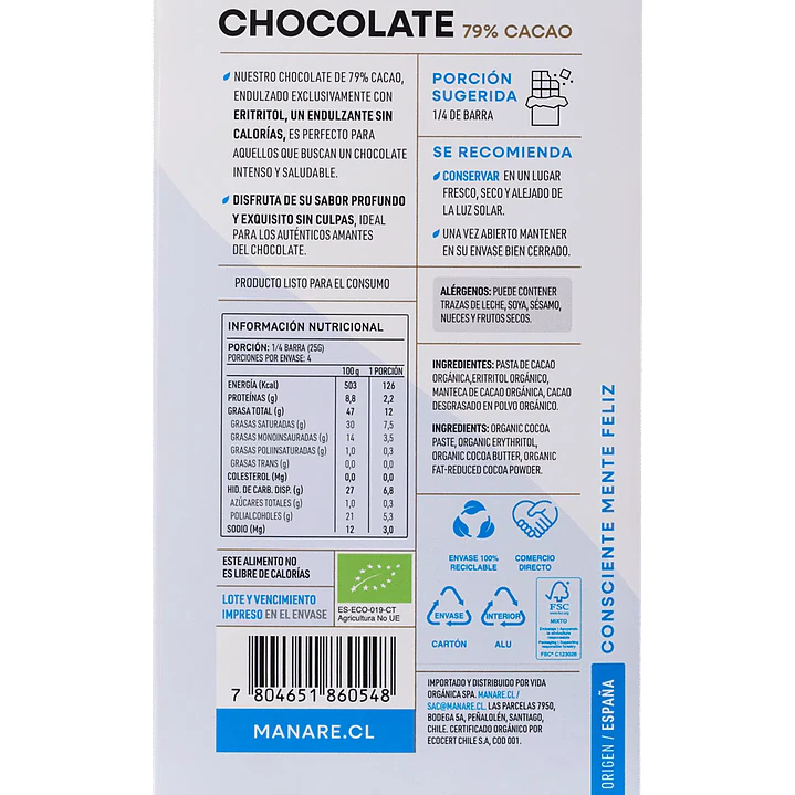 Chocolate sin azúcar 79% Cacao Orgánico 100g Manare 3