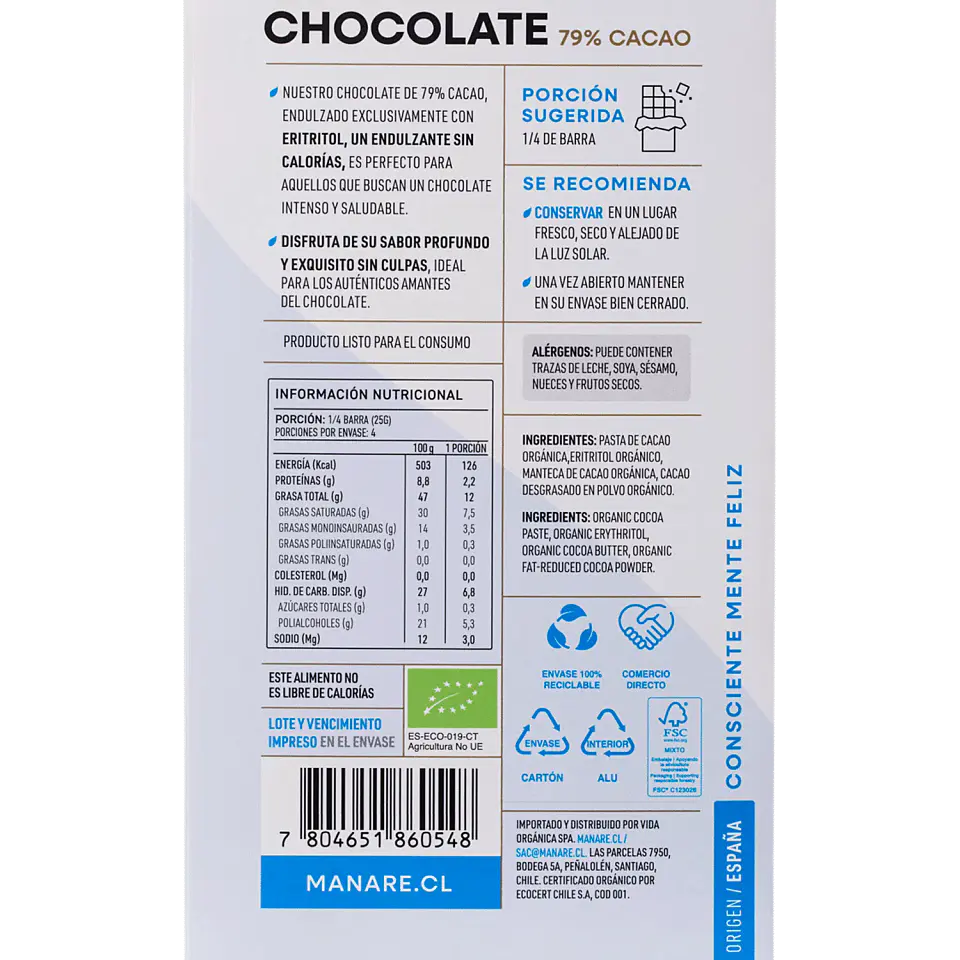 Chocolate sin azúcar 79% Cacao Orgánico 100g Manare 3