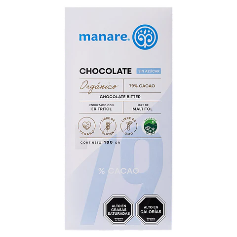 Chocolate sin azúcar 79% Cacao Orgánico 100g Manare